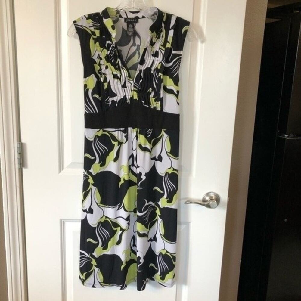 JOEI & I Dress Womens XL White Black Green Artsy Print Sleeveless Knee Length